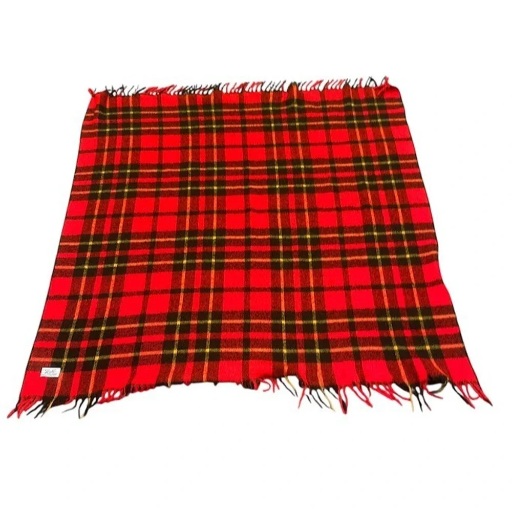 Vintage Faribo Fluff Loomed Wool Blanket Orange Plaid Throw 52‎ x 56 Fringe USA